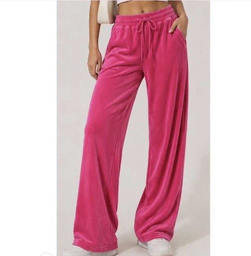 Aerie Bright Lights Velour High Waisted Wide Leg Pants Rose Pink Womens XS
